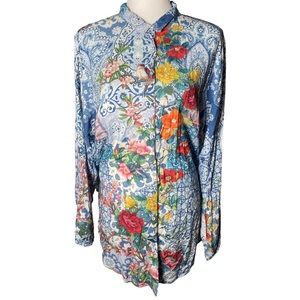 Johnny Was Blue Floral Button-Up Blouse